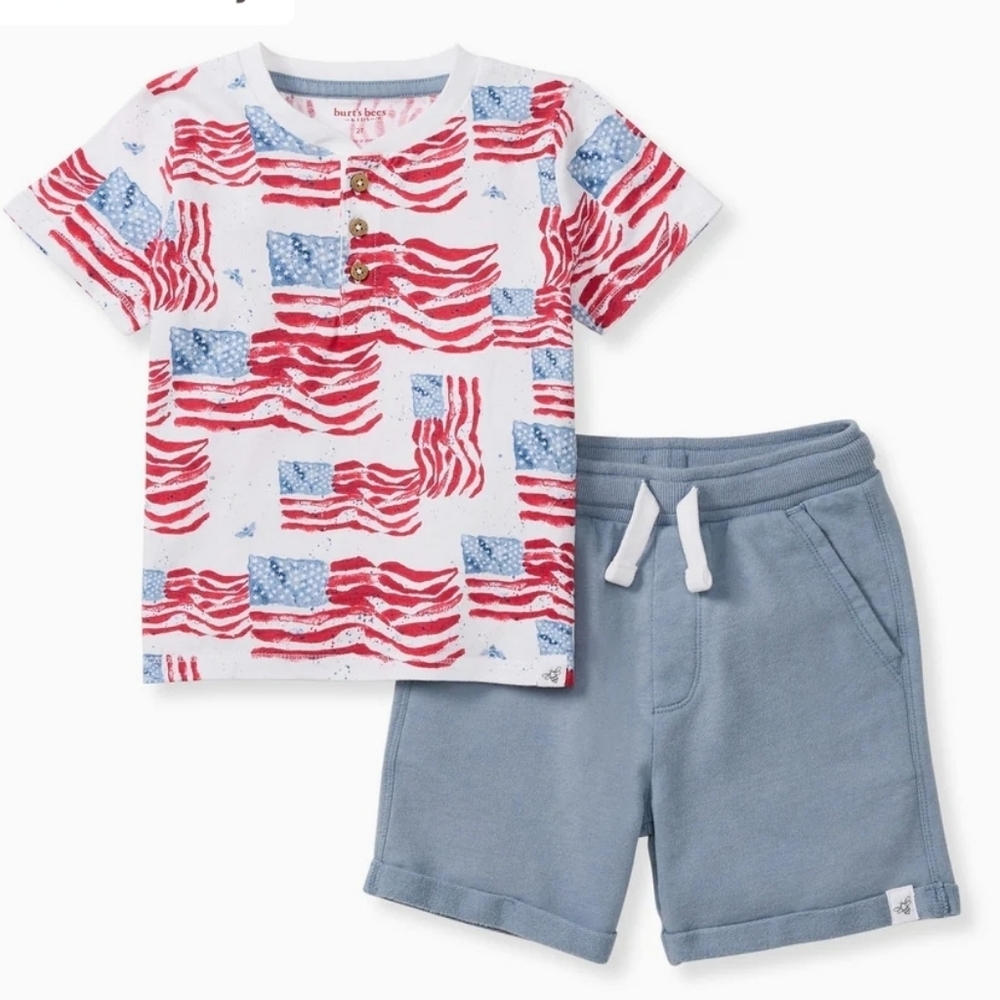 Burt's Bees Patriotic Flag Print Shirt Blue Shorts Set Organic Cotton 18mo NEW